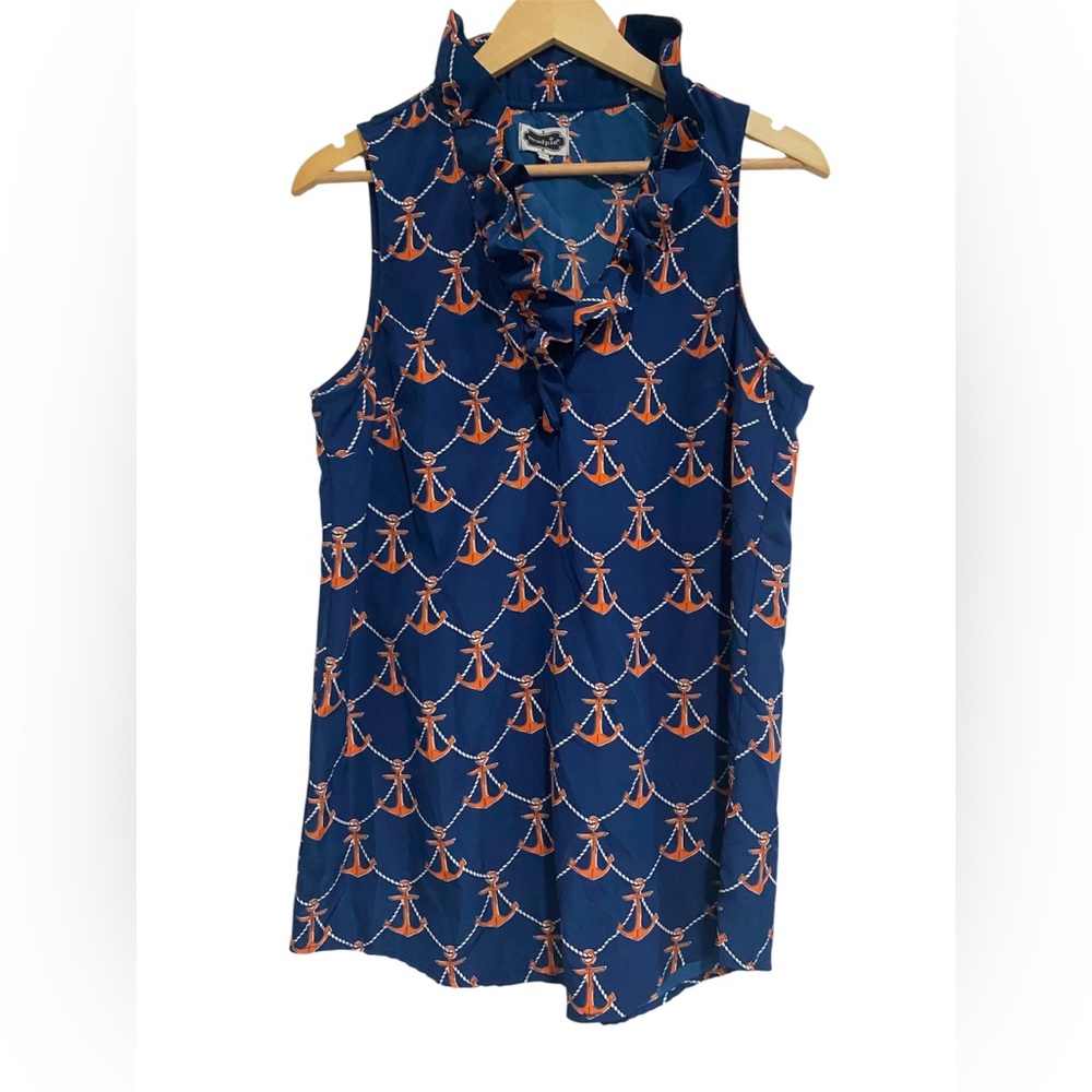 Mud Pie Sleeveless Navy coastal beach Anchor-Print Ruffle Neck Top